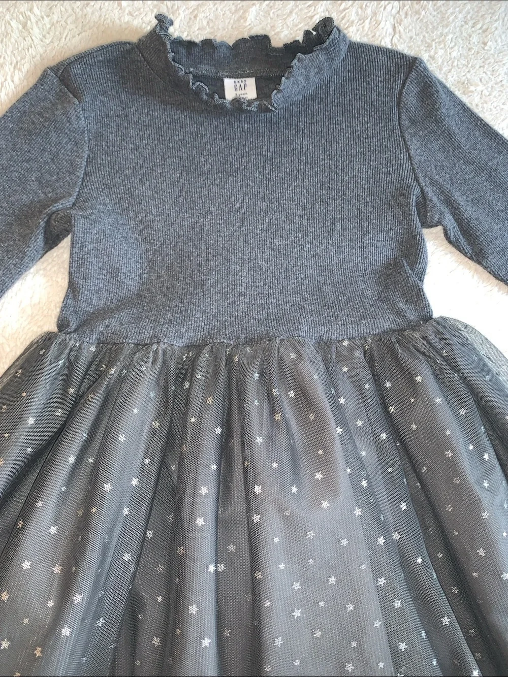 Gap Gray Tulle Stars Dress 3 Long Sleeves EUC